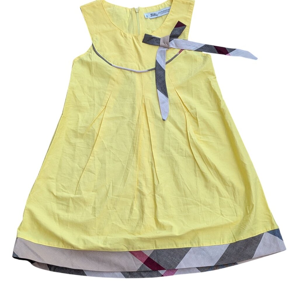 Burberry London Girls Yellow Dress Size 6 Nova Check Bow Hem Piped Chest Pleated